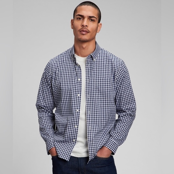 GAP Men’s Poplin Button Down Shirt in Untucked Fit. NWT! Blue Gingham. New. - Picture 1 of 10
